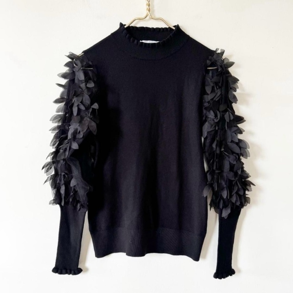 Sioni Black Petal Frill Sleeve Ruffle Neck Woman’s Sweater Size Small - Picture 4 of 13